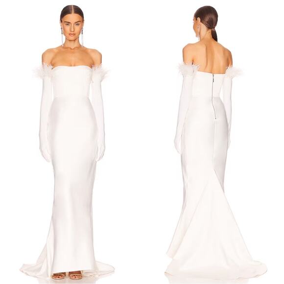 Bronx and Banco Elena Strapless Feather Gloves White Bridal Maxi Dress Sz Large - Picture 1 of 14